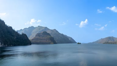 Nature view of Wachiralongkorn Dam The view on the dam ridge and beautiful mountains,landmark of Tourist in Thong Pha Phum District Kanchanaburi Thailand