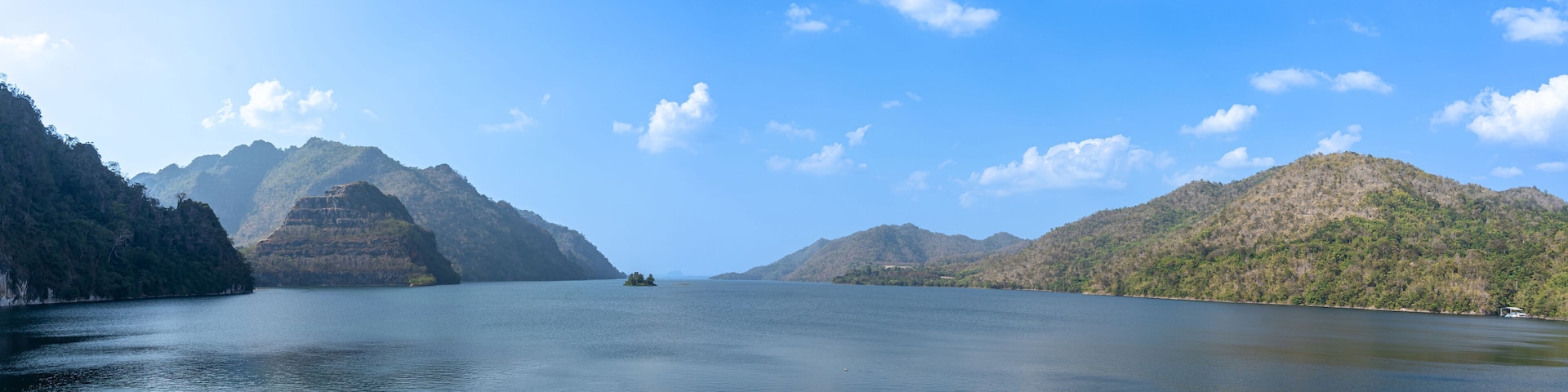 Nature view of Wachiralongkorn Dam The view on the dam ridge and beautiful mountains,landmark of Tourist in Thong Pha Phum District Kanchanaburi Thailand