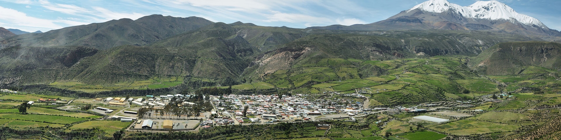 A town nestled in a valley with terraced fields and a snow-capped mountain in the background.
