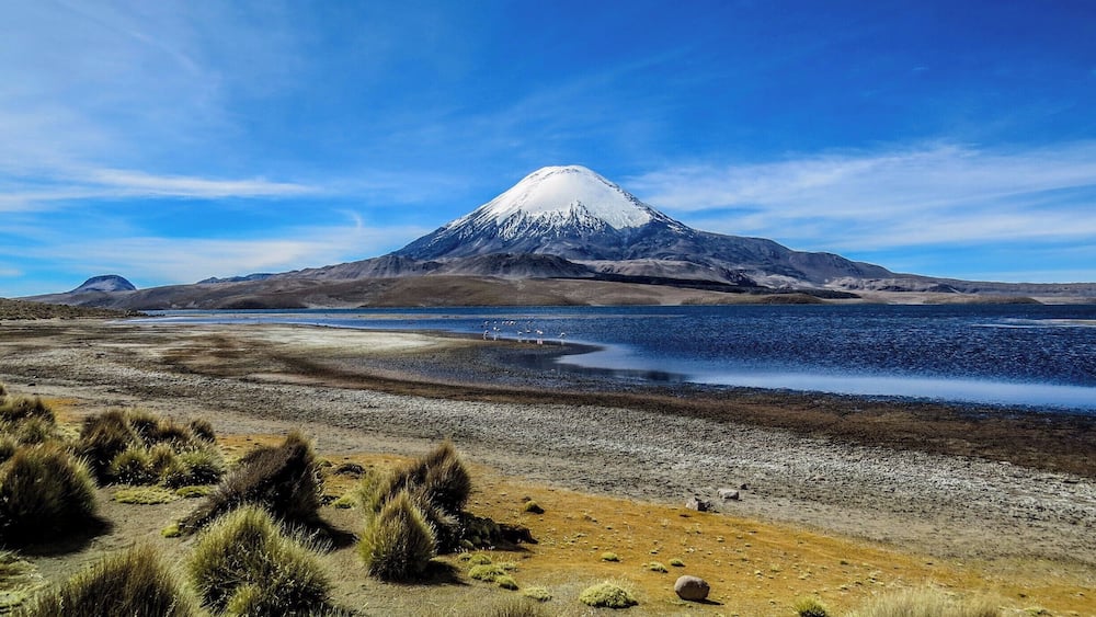 Parinacota Volcano and Chungará Lake on the border of Chile and Bolivia. Photo taken on the chilean side at Lauca National Park.