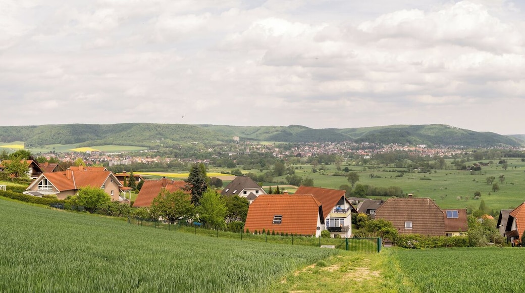 Panoramo vom Winzenberg in Lügde mit Blick auf Bad Pyrmont (links) und Lügde (rechts)