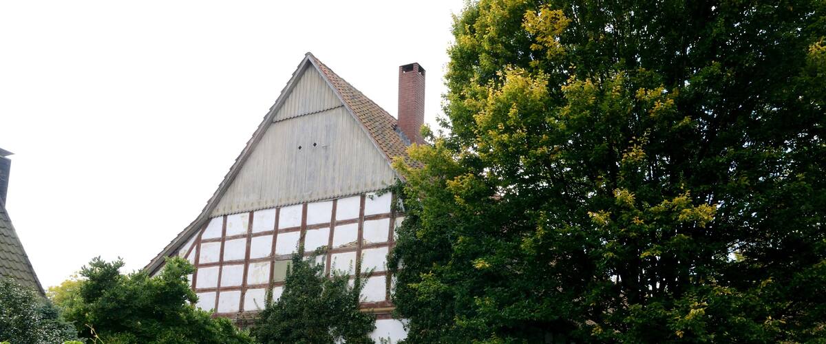 A traditional half-timbered house surrounded by lush greenery and trees.