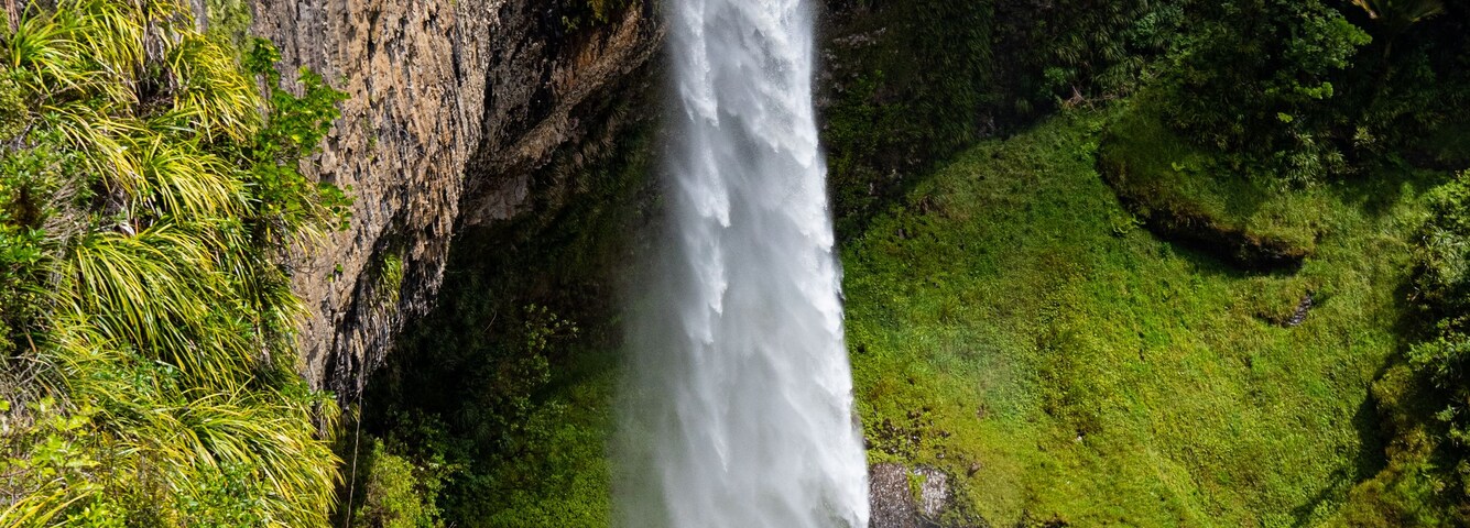 A waterfall cascading down a rocky cliff surrounded by lush greenery.