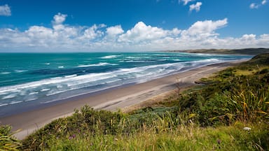 A coastal landscape with a sandy beach, ocean waves, and a clear blue sky.