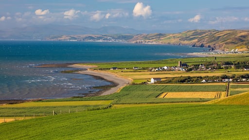 Elevated veiw of Cardigan bay with the small town of llanon in the forground. West Wales, UK.