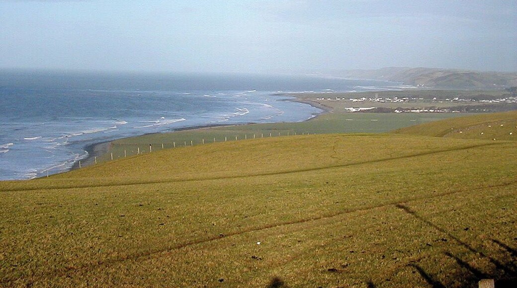 A coastal landscape with a grassy hill, ocean waves, and a distant shoreline with buildings.