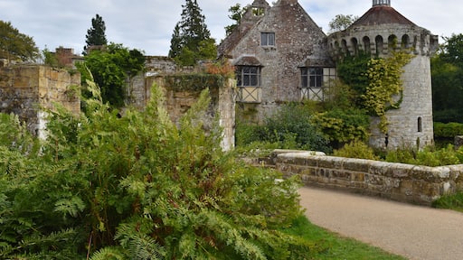 Stone centuries old British medieval castle facade among greenery. It includes residential buildings dominated by great hall for feasting ceremonies place for holding judicial courts and estate office