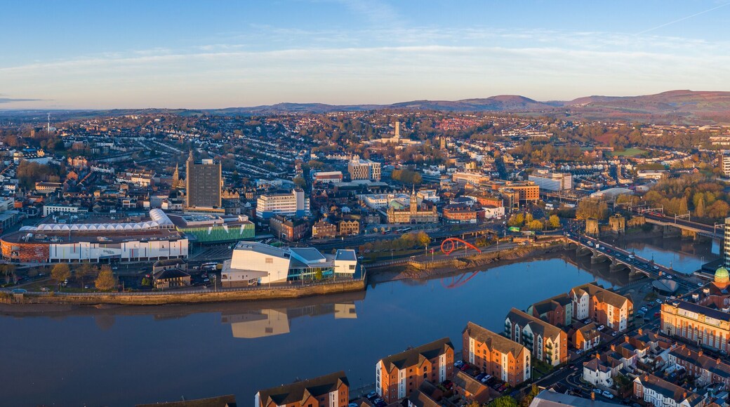 An aerial view at sunrise of Newport city centre, south wales United Kingdom, taken from the River Usk