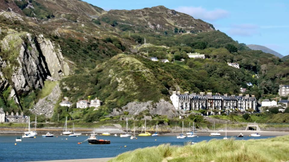 A coastal town with houses on a hillside, boats in the water, and grassy areas in the foreground.