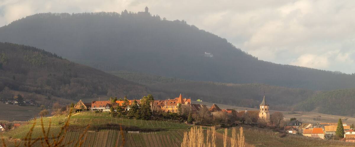 A village nestled in a valley with a prominent church tower and a castle on a hill in the background.