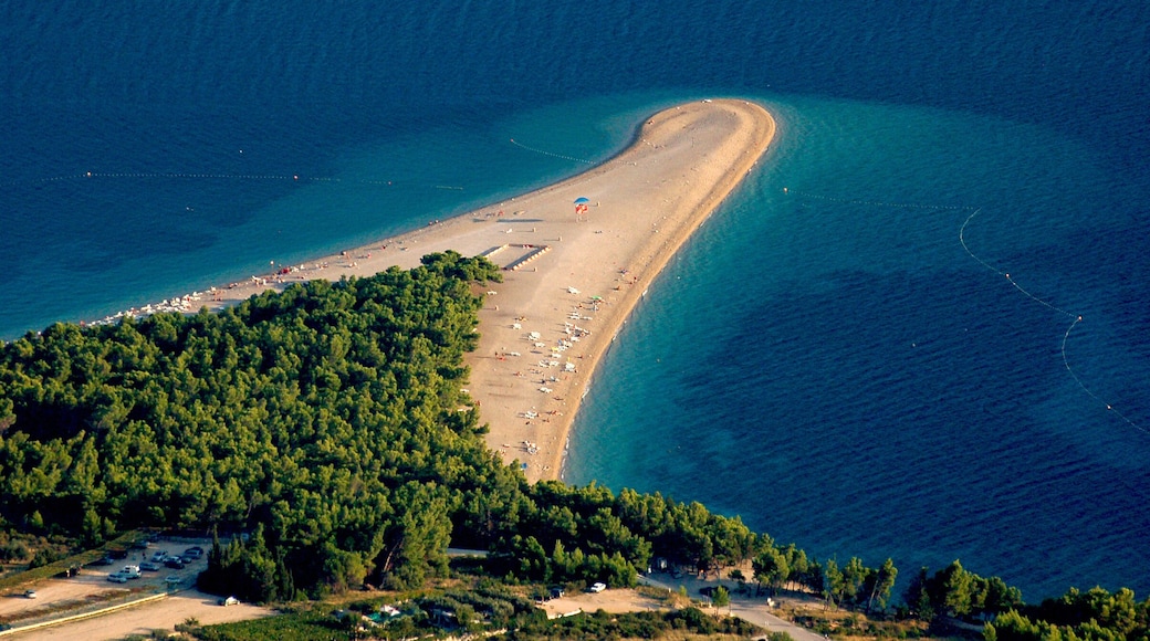 Luchtbeeld van een kustgebied met een gebogen strand, dichtbegroeid bos en helderblauw water.
