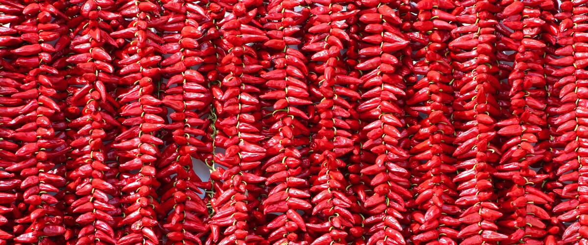 A dense arrangement of red chili peppers.