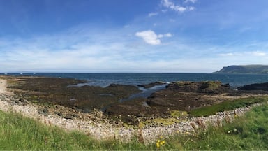 A coastal landscape with rocky shores, grassy areas, and distant hills under a clear sky.