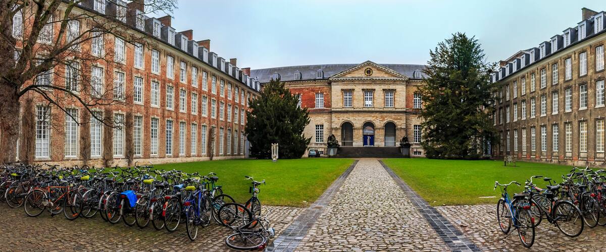 A historic building with a central lawn and a cobblestone pathway lined with bicycles.