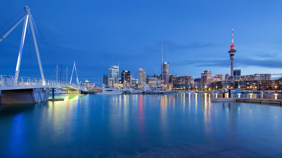 Viaduct Harbour showing a city, a bay or harbor and night scenes
