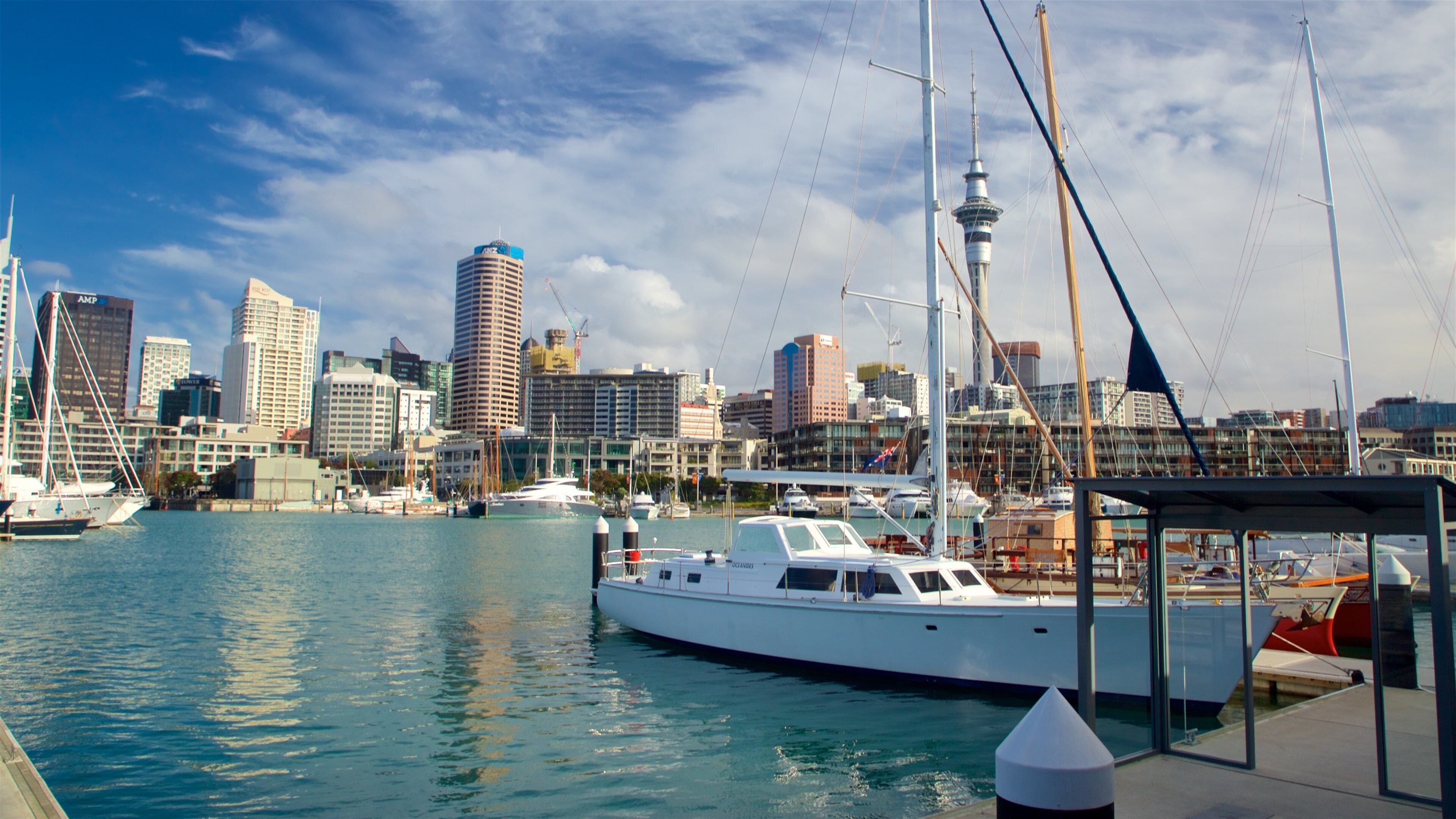 A marina with boats, a city skyline, and a prominent tower.