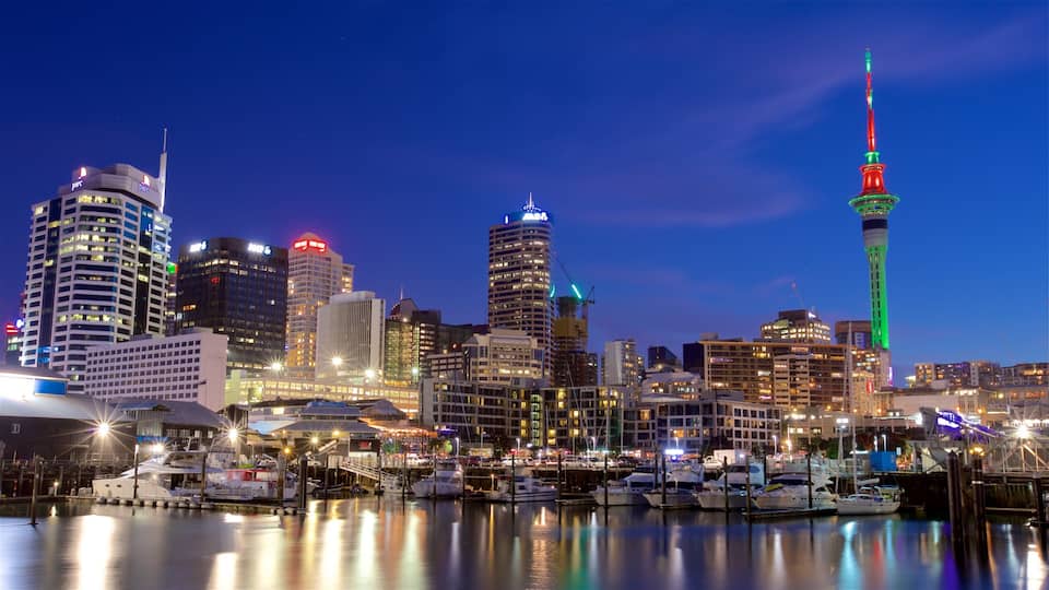Viaduct Harbour featuring night scenes, a high rise building and a city