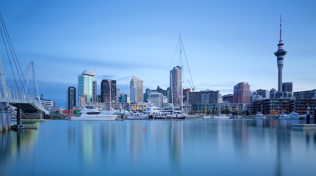 Auckland featuring a city, a marina and a sunset