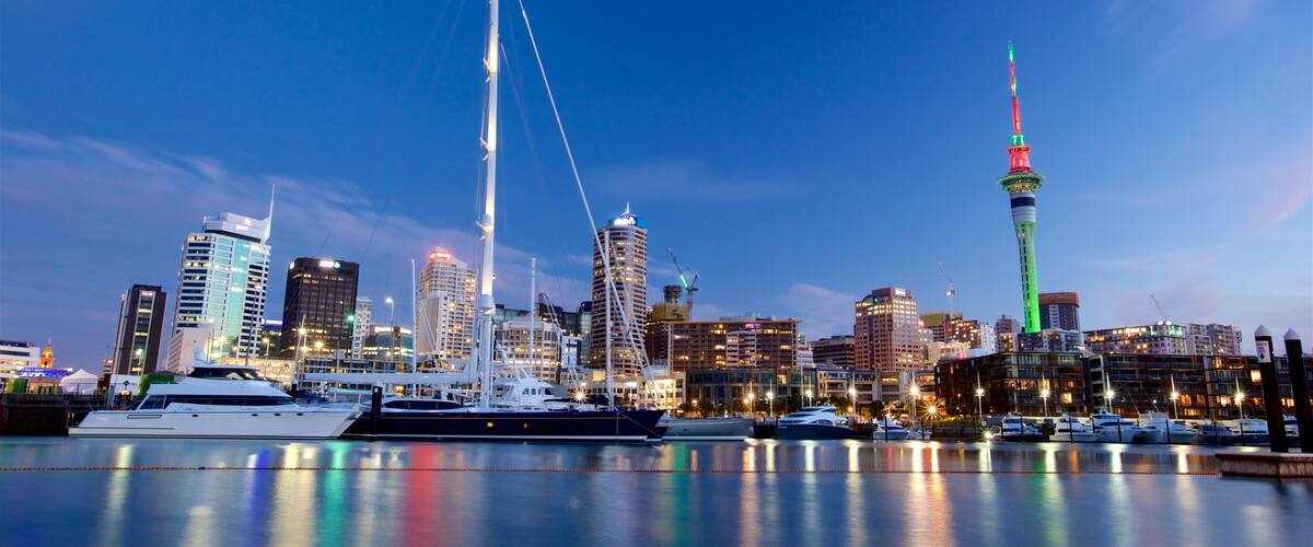 Viaduct Harbour showing night scenes, a city and a bay or harbor