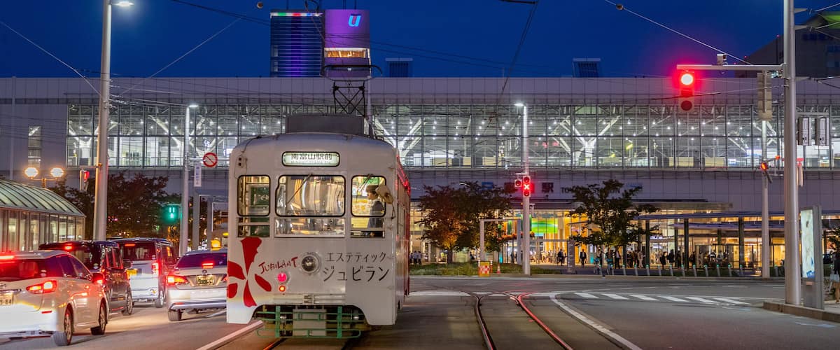 Toyama showing night scenes and railway items