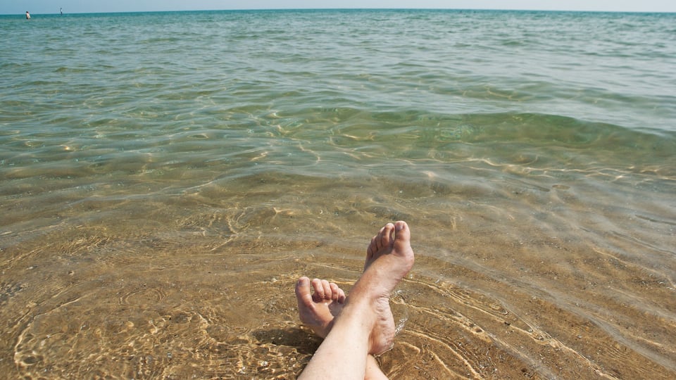 A pair of feet in shallow water with a clear view of the sandy bottom and calm sea in the background.