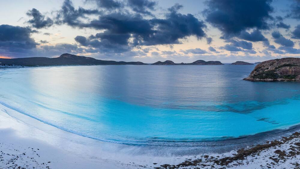 Aerial panorama at sunrise of the beautiful turquoise waters and beach at Lucky Bay, located near Esperance in Western Australia