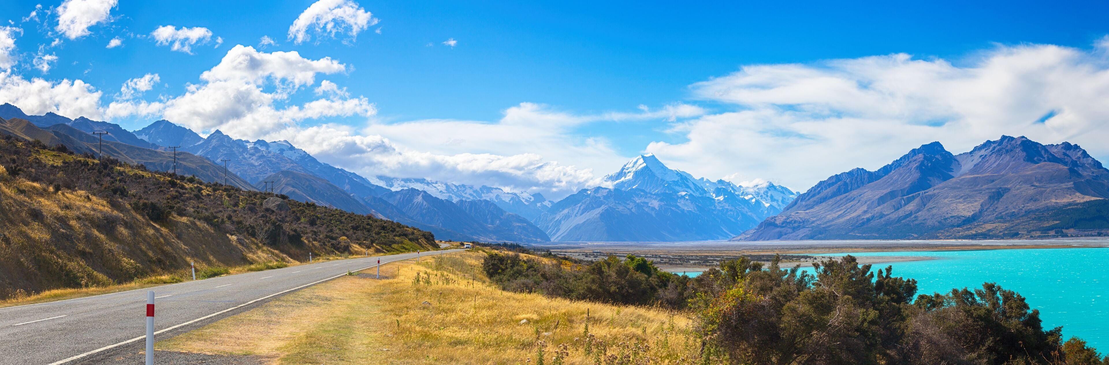 Mount cook viewpoint with the lake pukaki and the road leading to mount cook village in South Island New Zealand.