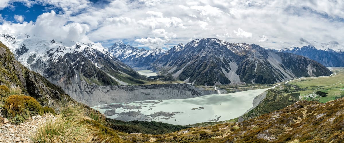 A mountainous landscape with a glacier and a valley.
