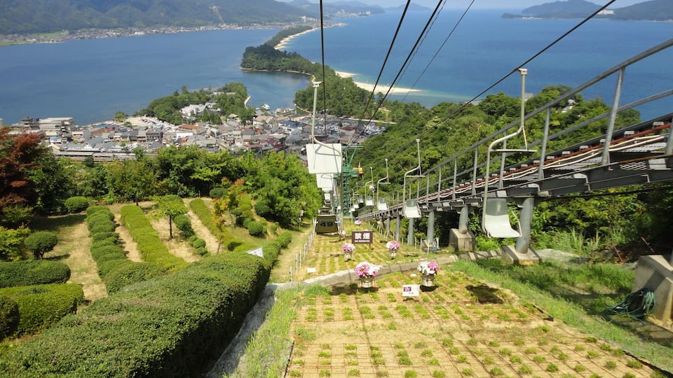 A cable car system, lush green fields, and a coastal town with mountains in the background.
