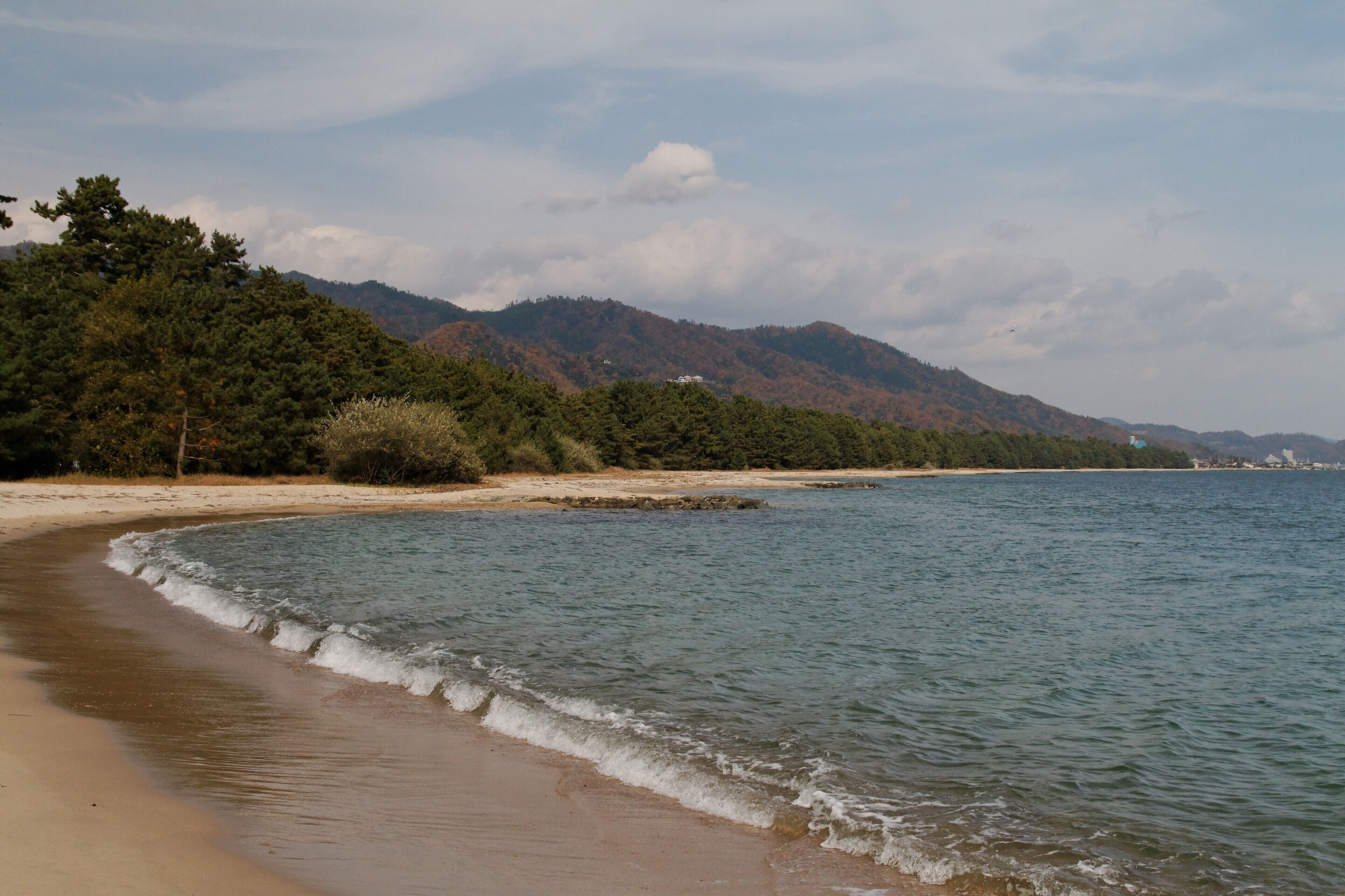 A beach with gentle waves, a sandy shore, and a forested mountain in the background.