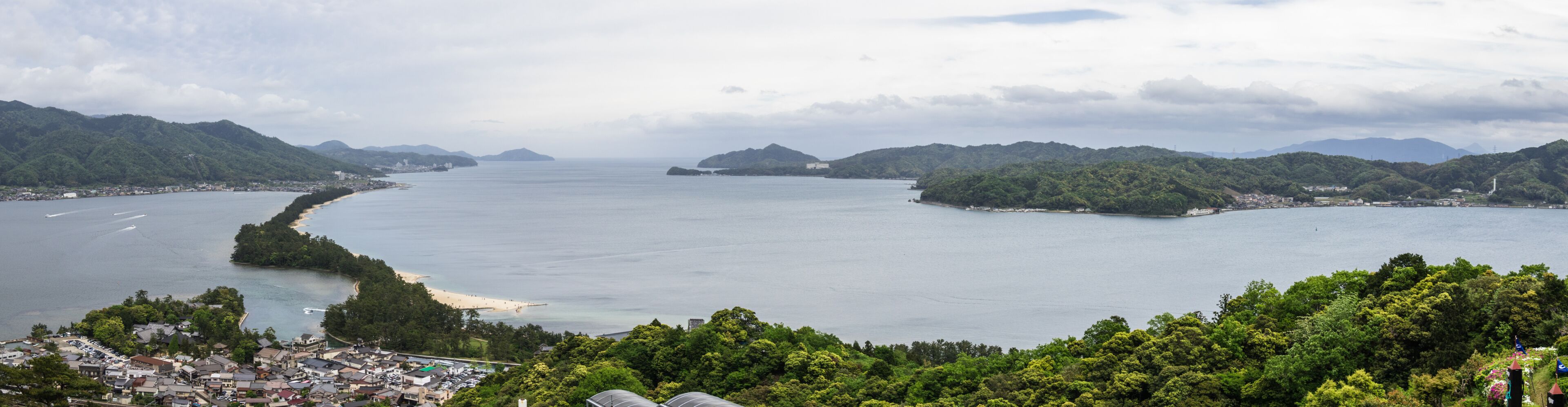 Panorama of Amanohashidate "Heaven Brigde" with Miyazu Bay and Islands in a green Landscape. Miyazu, Japan, Asia.