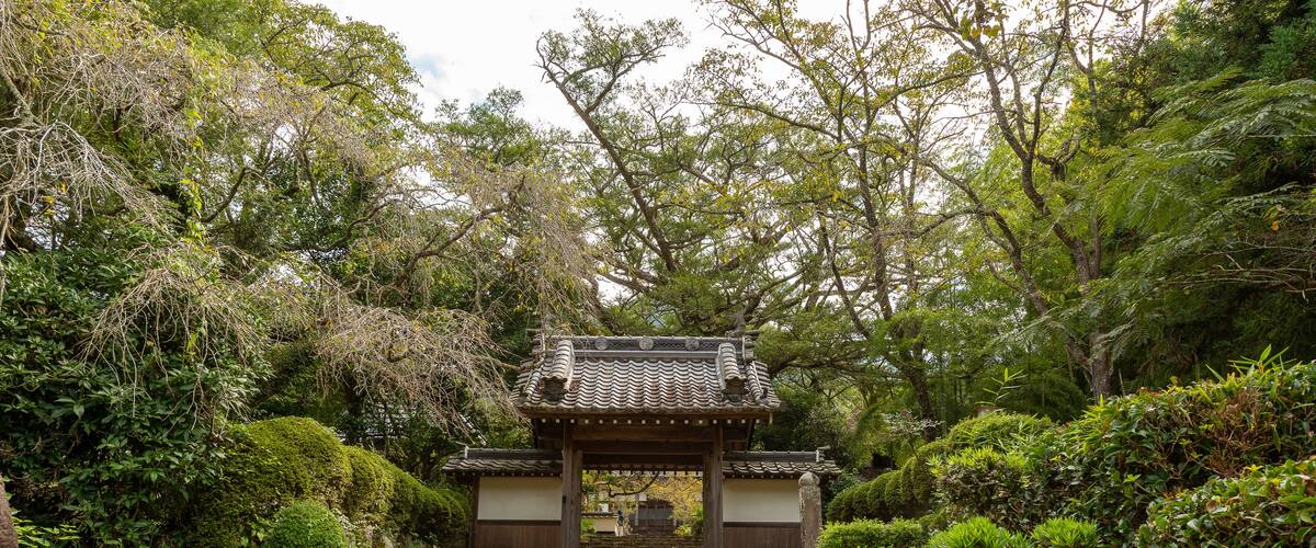 A traditional Japanese temple with stone steps leading up to a tiled roof structure surrounded by lush greenery.