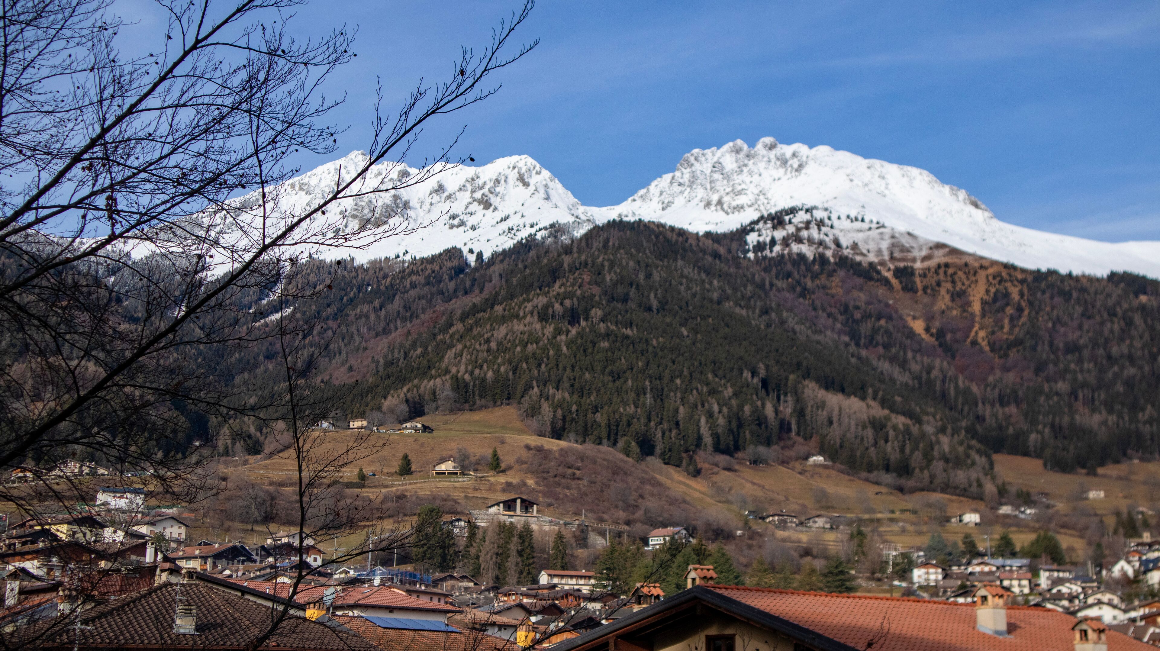 A town nestled at the base of snow-capped mountains, with a mix of residential buildings and a forested hillside.