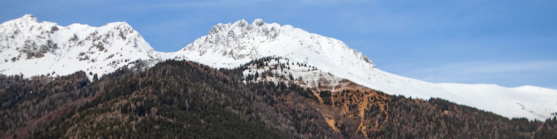 A mountain range with snow-capped peaks, a forested valley, and a small town with houses.
