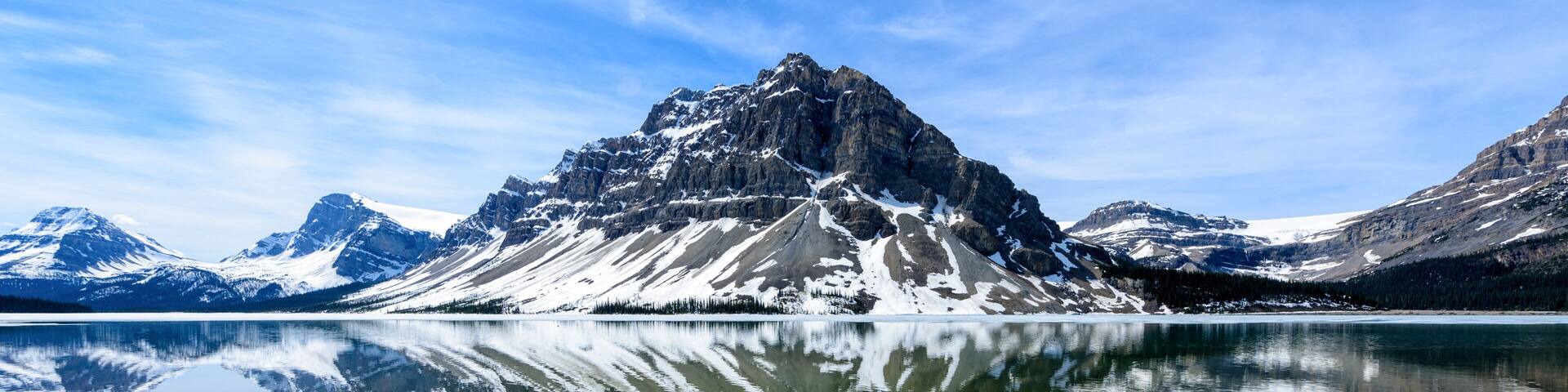 Spectacular View of Bow lake with reflection and snowcapped mountains scenery, Alberta, Canada