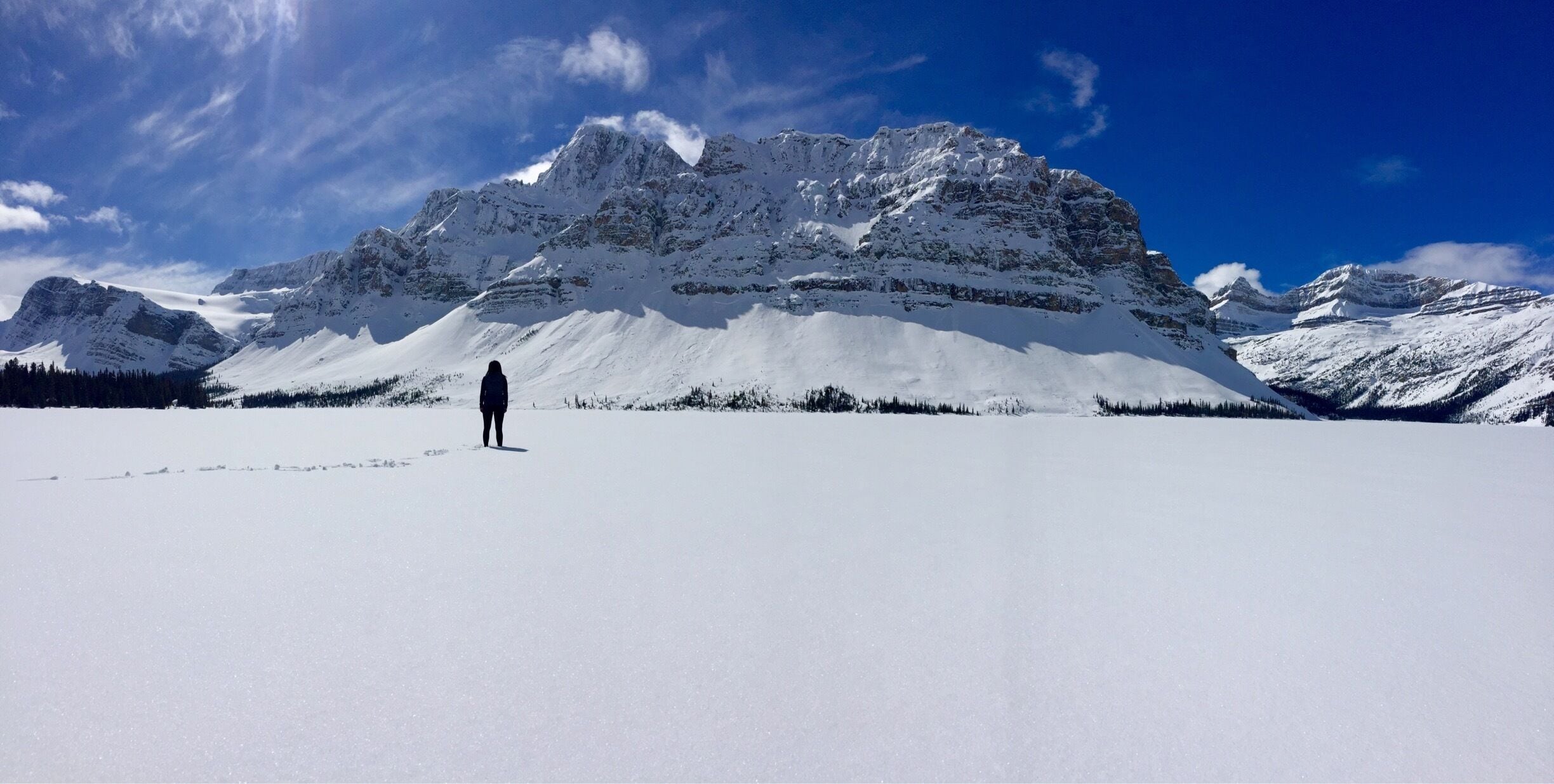 Bow Lake still frozen at the very end of March in Jasper National Park! What a sight even now 🏔☀️❄️ 