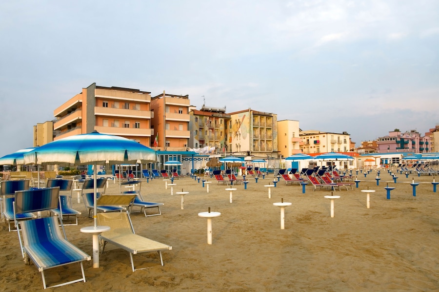 View over the beach of Gatteo al Mare at the Coast of Emilia Romagne, North  East Italy