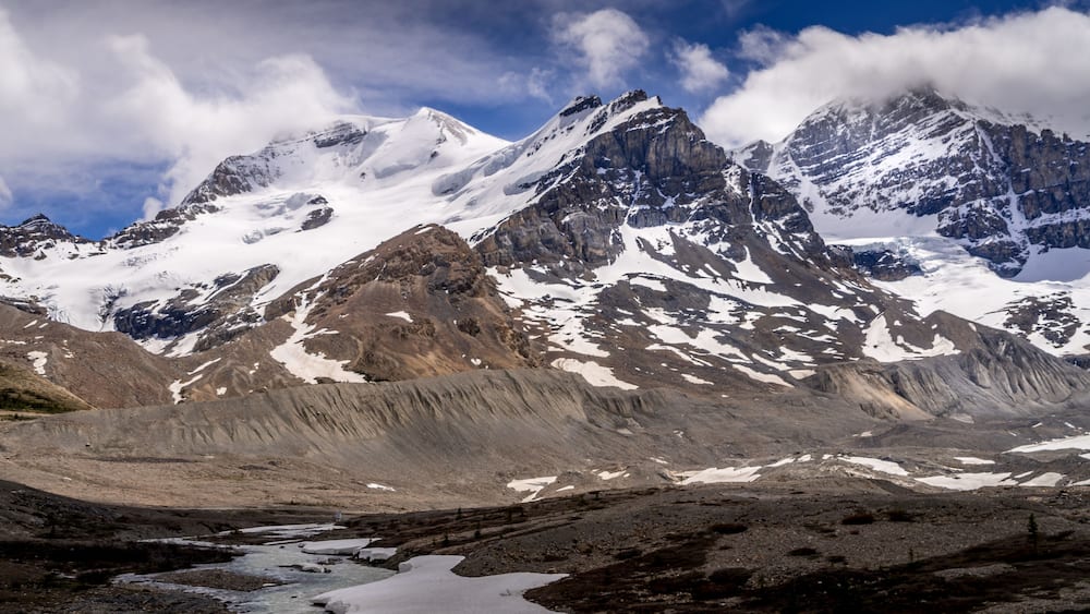 Boundary Peak and Hilda Peak east of the Athabasca Glacier in the Columbia Icefields of the Canadian Rocky Mountains in Jasper National Park, Alberta, Canada