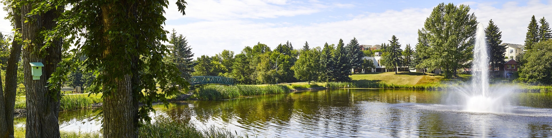 A serene lake with a fountain, surrounded by lush greenery and a bridge in the background.
