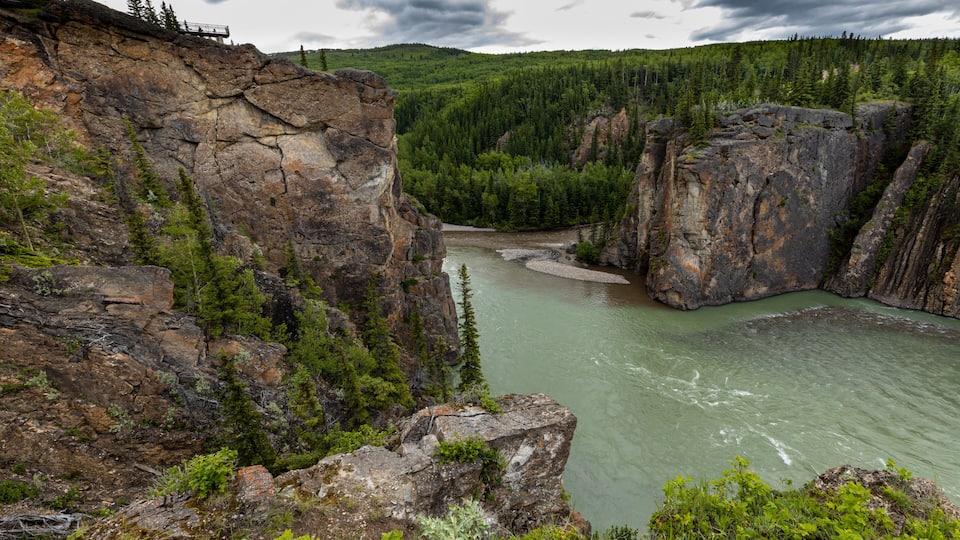 A river canyon with steep rock walls, dense forest, and a clear sky.