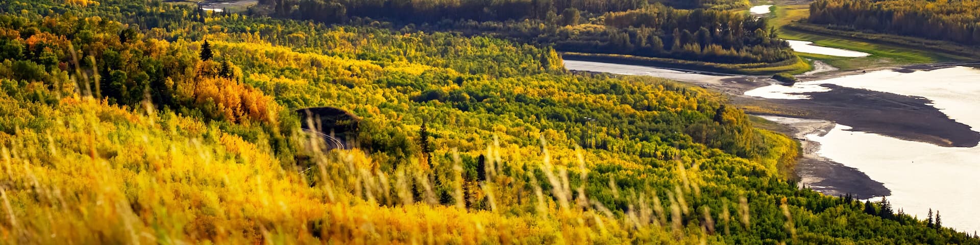 A river winding through a valley with surrounding hills and dense forests.