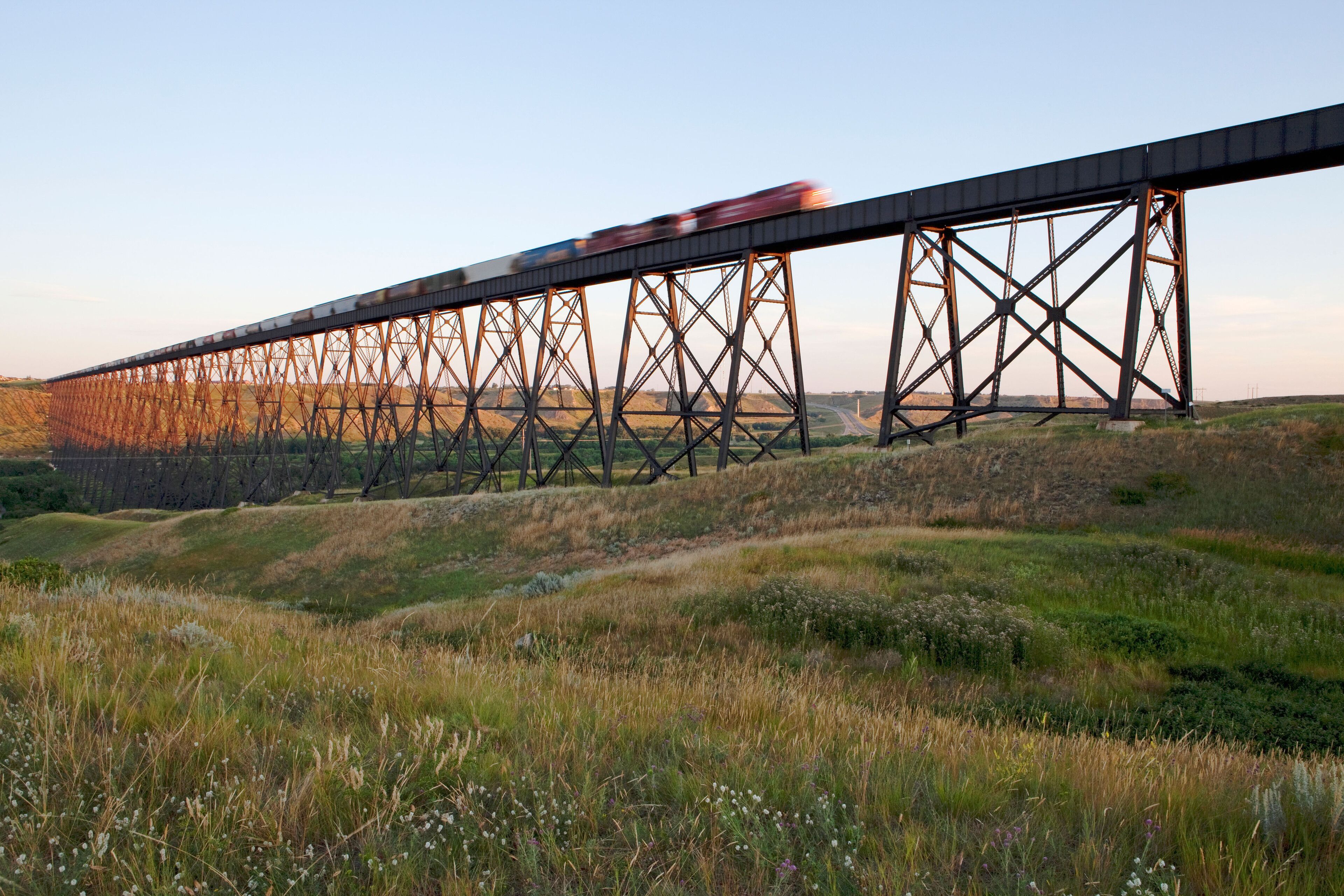 Eastbound Train Crossing Canadian Pacific Railway's High Level Bridge On  Its Crowsnest Subdivision; Lethbridge, Alberta, Canada