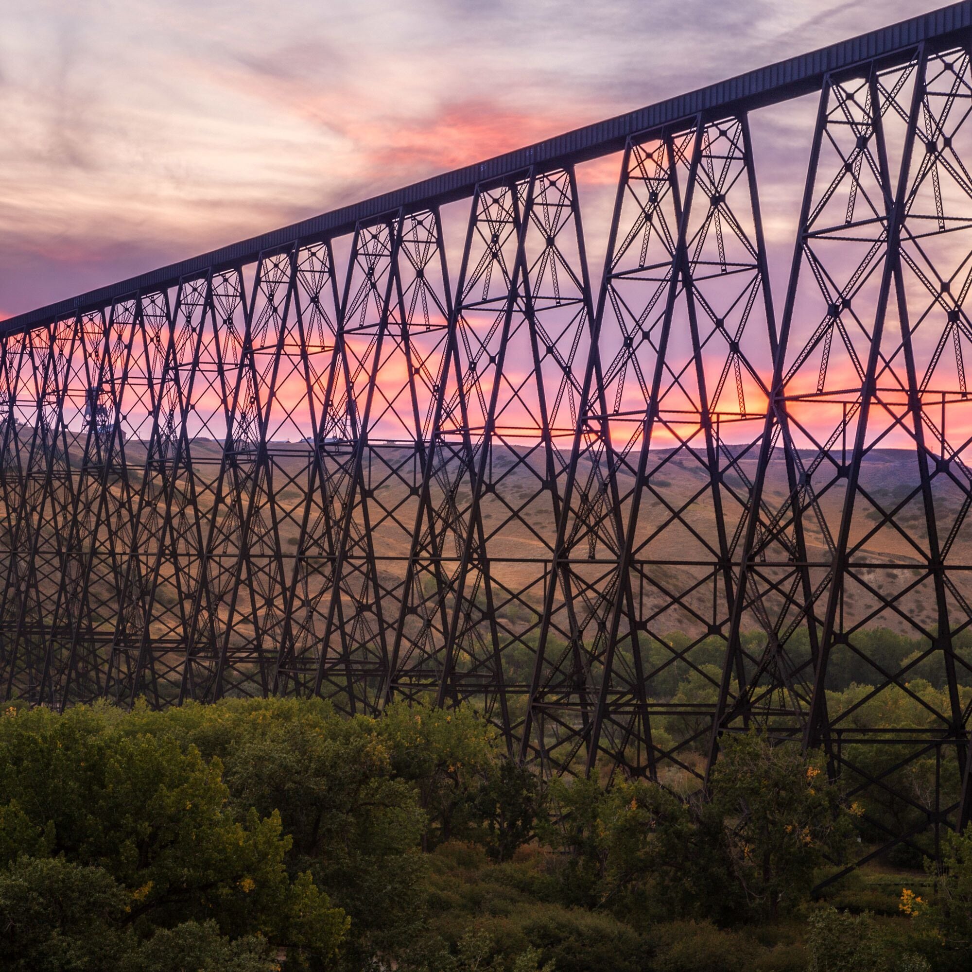 The highest train bridge in North America spans across the Coulee and Indian Battle Park in Lethbridge, Alberta.