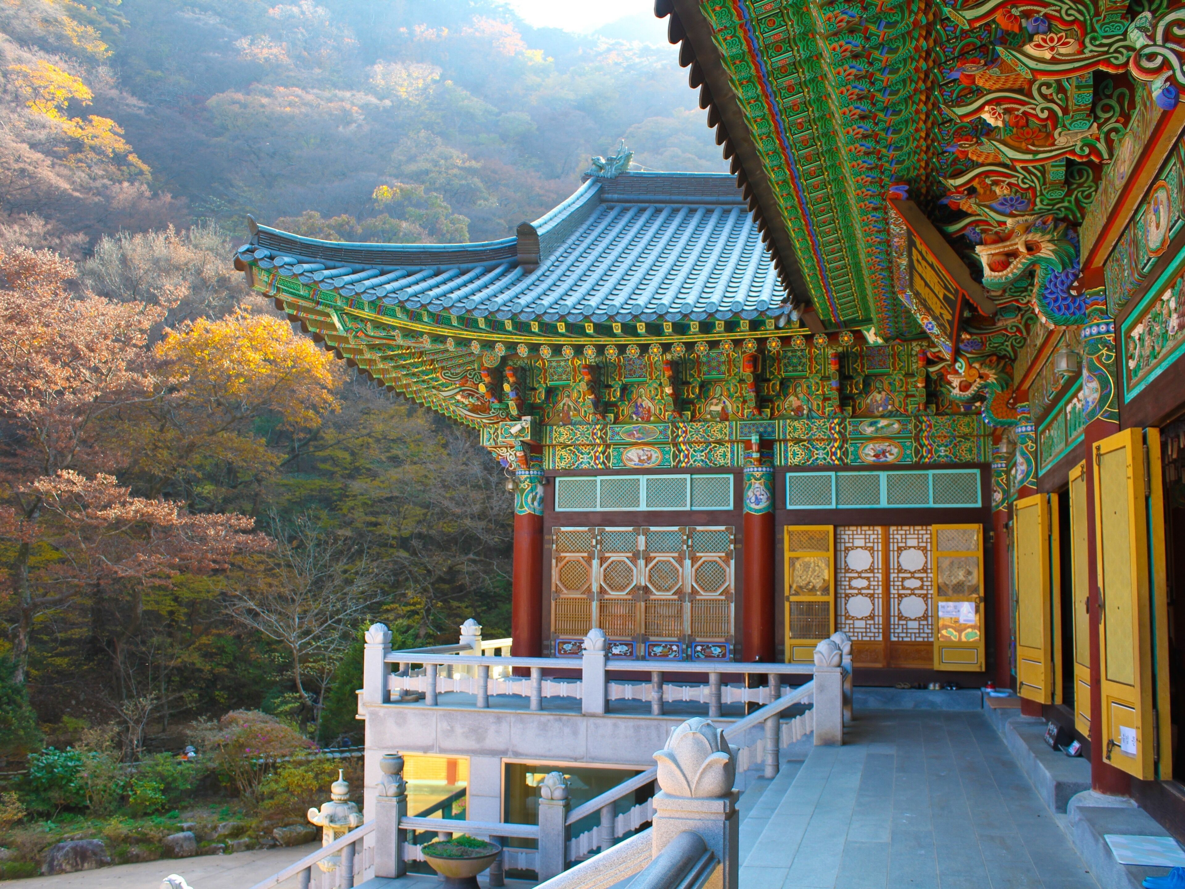 A traditional Korean temple with ornate architecture and a lush forest backdrop.