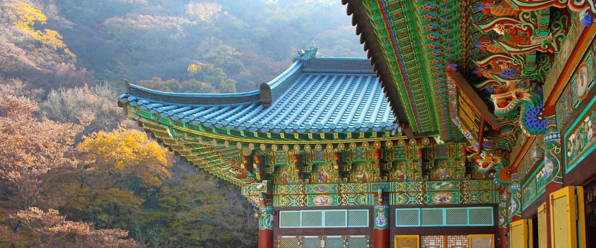 A traditional Korean temple with ornate architecture and a lush forest backdrop.