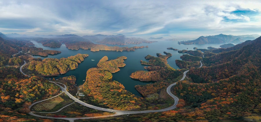 Panorama view of beautiful mountains in autumn at Chungju Lake, South Korea.