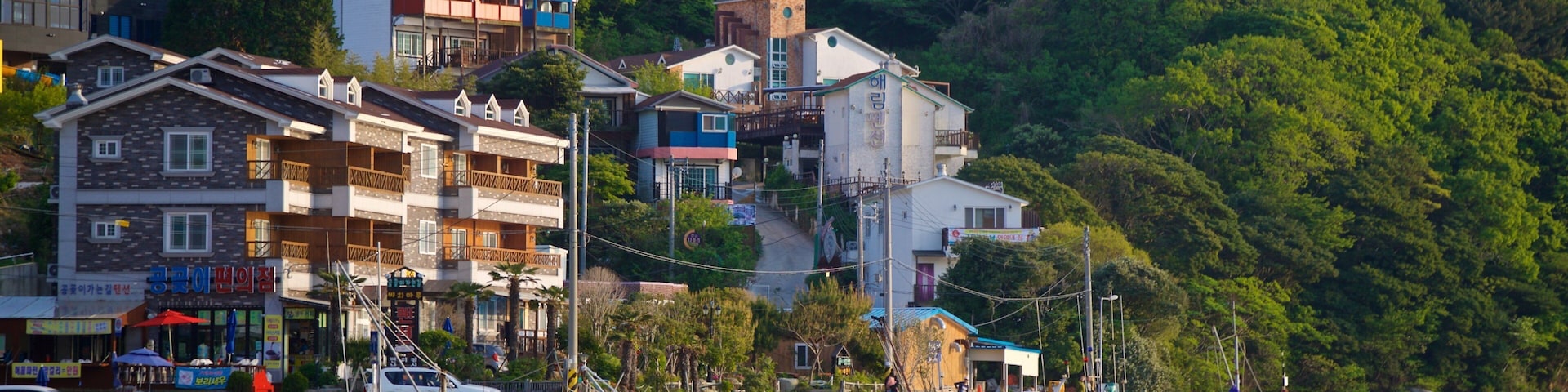 A coastal village with multi-story buildings, a dock with boats, and lush green hills in the background.