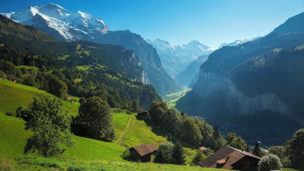 The Jungfrau sits high above Lauterbrunnen Valley in the Bernese Oberland of Switzerland.