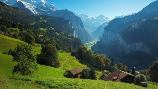 The Jungfrau sits high above Lauterbrunnen Valley in the Bernese Oberland of Switzerland.