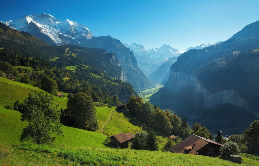 The Jungfrau sits high above Lauterbrunnen Valley in the Bernese Oberland of Switzerland.